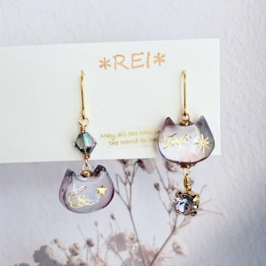 画像2: *REI*：星屑シャボン玉アシンメトリー猫ピアス（一部寄付） (2)