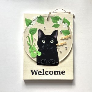 画像1: 9nyan：Welcome プレート 大きめver.｟クロネコ/イエロー｠（一部寄付） (1)