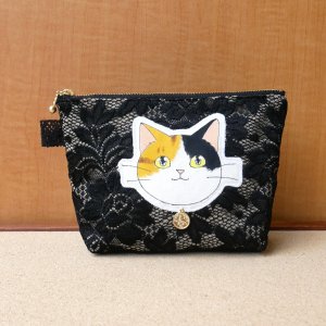 画像1: POTU：黒レースポーチ　三毛 (1)
