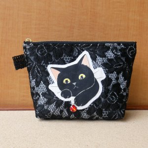 画像1: POTU：黒レースポーチ　黒ねこ (1)
