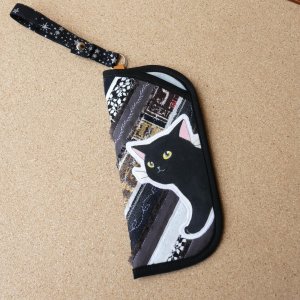 画像1: POTU：布耳パッチ　メガネケース　黒ねこ (1)