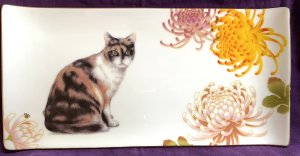 画像1: アート工房Renon：和菊ときじ猫の長角皿 (1)