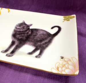 画像2: アート工房Renon：和菊と黒猫の長角皿 (2)