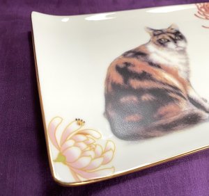 画像2: アート工房Renon：和菊ときじ猫の長角皿 (2)