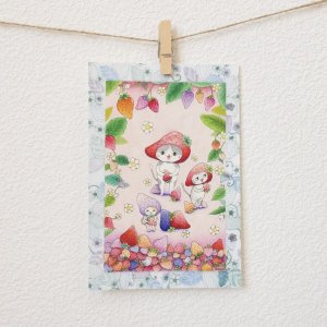 画像1: 向日葵きのこ：ポストカード　縦タイプ　いちご (1)