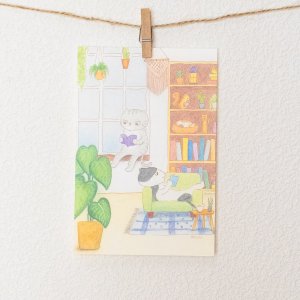 画像1: 向日葵きのこ：ポストカード　縦タイプ　くつろぎ部屋 (1)