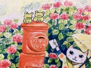 画像2: ドレミかんぱにー：ふわふわハンカチ「紫陽花と郵便ポスト」（一部寄付） (2)