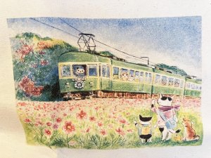 画像2: ドレミかんぱにー：トートバック大「秋桜とレトロ電車」（一部寄付） (2)