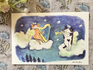 画像4: ドレミかんぱにー：ポストカード4枚セット「ハープ弾きの猫」（全額寄付） (4)