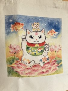 画像2: ドレミかんぱにー：トートバック大「幻想・金魚と招き猫」（一部寄付） (2)