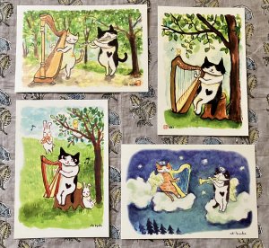 画像2: ドレミかんぱにー：ポストカード4枚セット「ハープ弾きの猫」（全額寄付） (2)