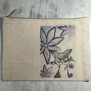 画像1: 星空月華：紫の花とにゃんこ・ポーチ（全額寄付） (1)