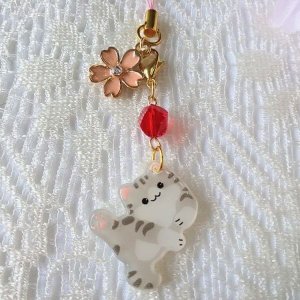 画像1: アメショと桜のストラップ&チャーム (1)