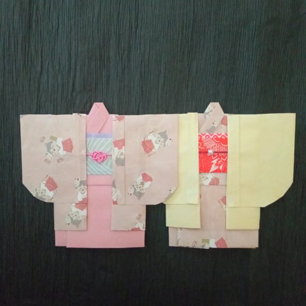 画像1: 着物の形のポチ袋(半纏2枚組)【 巫女さん猫　(薄桃色)】 (1)