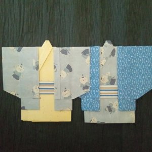 画像1: 晴空：着物の形のポチ袋(半纏2枚組)【侍猫　(薄青灰)】(全額寄付) (1)