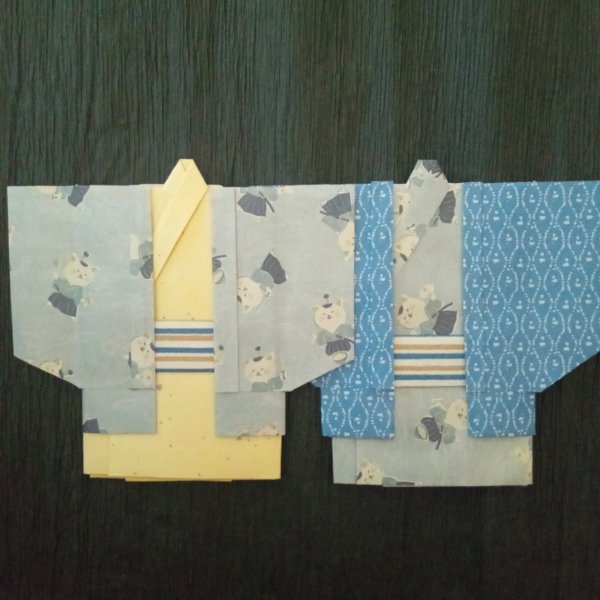 画像1: 着物の形のポチ袋(半纏2枚組)【侍猫　(薄青灰)】 (1)