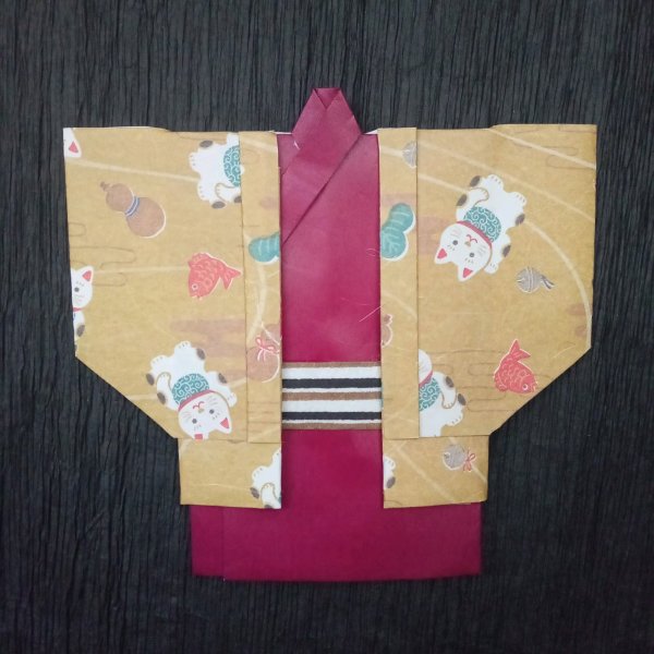 画像1: 着物の形のポチ袋(半纏)【招き猫　(えんじ色着物)】 (1)