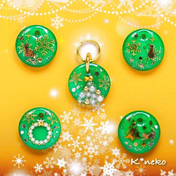 画像1: ★一点物★猫用迷子札名入れオーダー【クリスマス緑】一部寄付 (1)