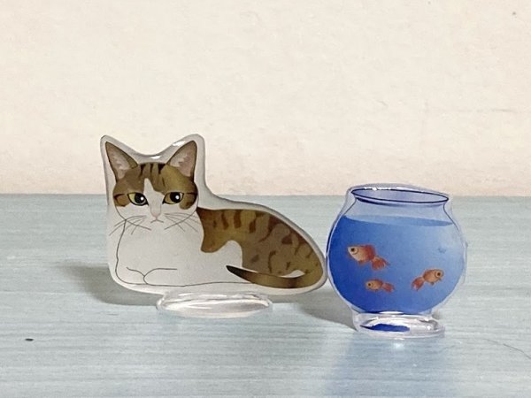 画像1: may's shop 縁側：猫と金魚鉢のミニスタンドセット【キジ白】 (1)