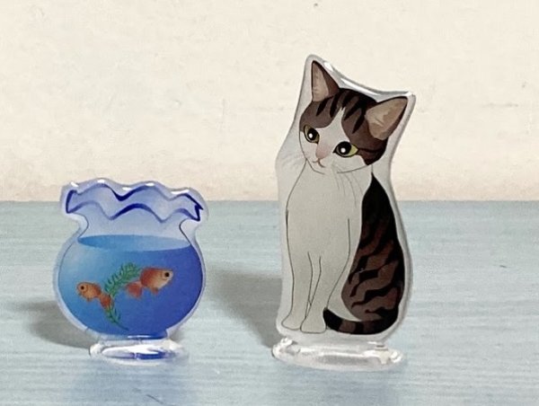 画像1: may's shop 縁側：猫と金魚鉢のミニスタンドセット【サバトラ】 (1)