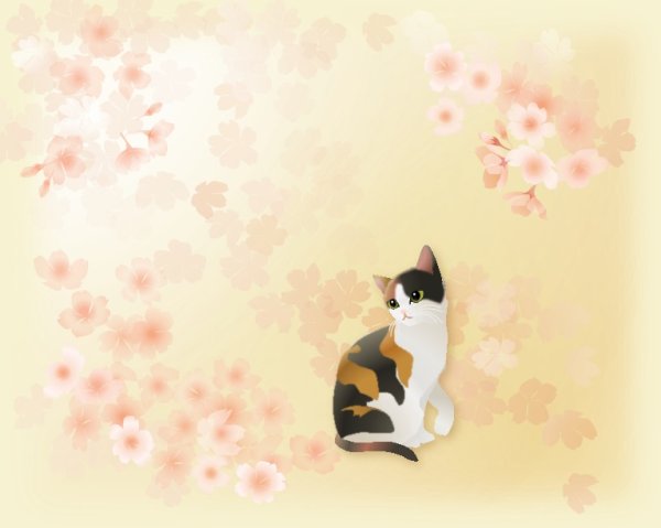 画像1: ６切イラスト＜桜　三毛猫＞ (1)