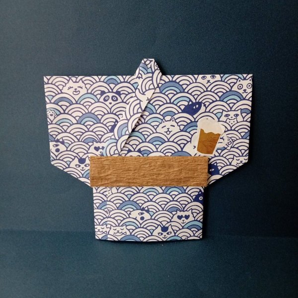 画像1: 着物の形のポチ袋(浴衣)【猫柄、青海波】 (1)