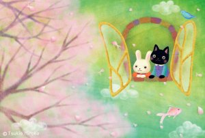 画像1: 月魚ひろこ：ポストカード＜春風にのって＞ (1)