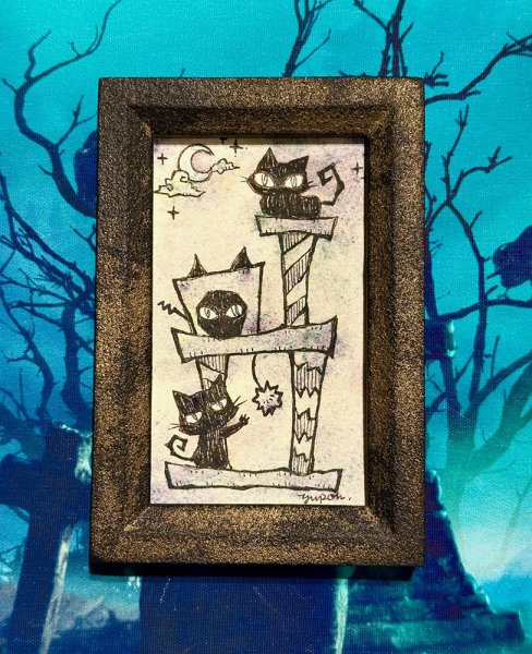 画像1: ゆーぽん：水彩原画「Midnight Cat Tower」(全額寄付） (1)